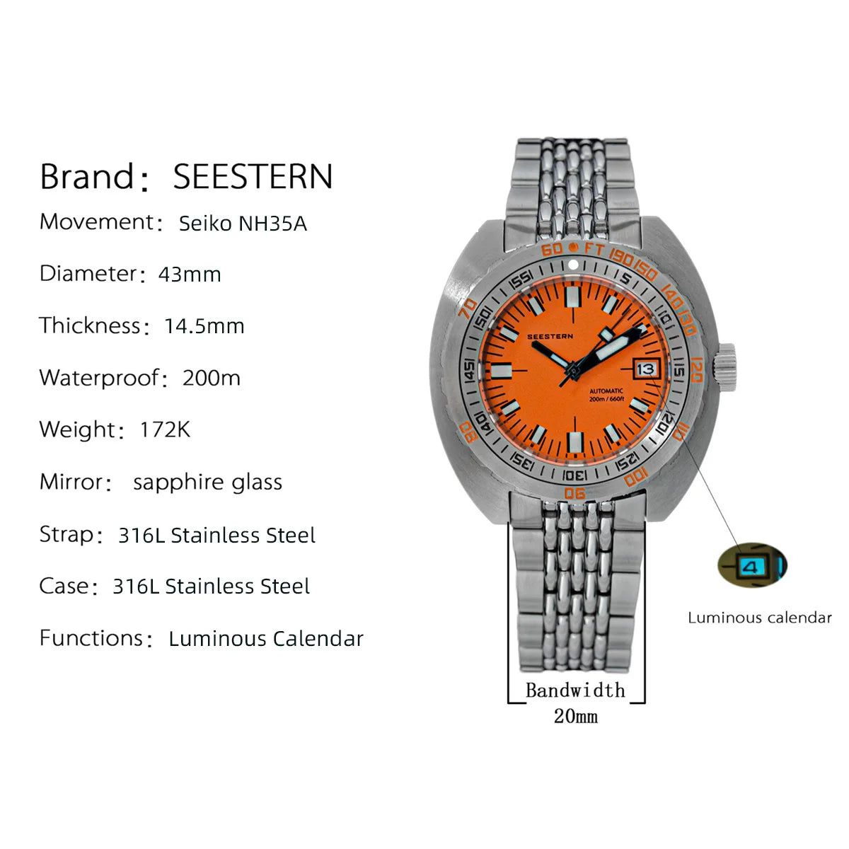 Seestern Luxury waterproof watch  for men